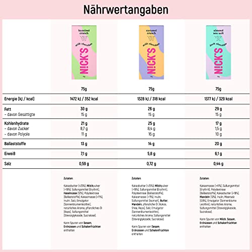 NICKS Chocolate Bars Mix with no added sugar, Gluten-free, Low carb, no palm oil, Keto Chocolates (3x75g)