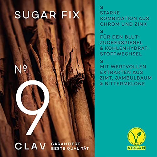 CLAV® N°9 SUGAR FIX - Cápsulas de canela con 400 mg de extracto de canela, 40 μg de cromo y 10 mg de zinc por dosis diaria más beta glucano, árbol de jambul y melón amargo - equilibrio de azúcar en sangre - 60 cápsulas - vegano