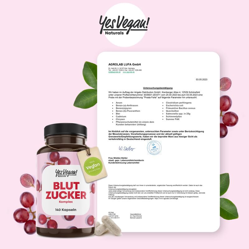 Blood sugar complex - 140 blood sugar capsules - tailored micronutrients especially suitable for diabetics - with grape seed extract OPC. Chromium. Magnesium - vegan