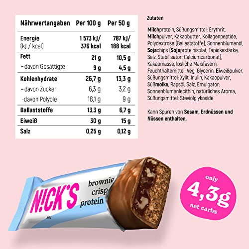 Nicks Protein Barmischung, Keto -Proteinbalken mit niedrigen Kohlenhydraten ohne Zucker zu Zucker, glutenfrei | 15G -Protein mit Kollagen (9 Proteinbalken x 50 g)