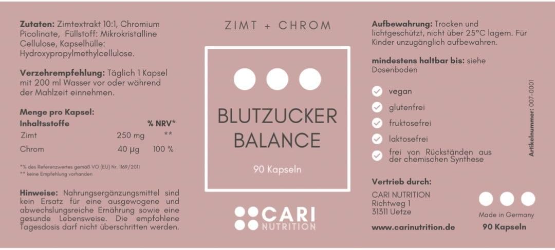 EQUILIBRIO DE AZÚCAR EN SANGRE | 90 cápsulas de canela con cromo | resistencia a la insulina y regulación del azúcar en sangre | vegano y hecho en Alemania