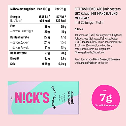 Nicks chokoladebarer blandes uden tilsat sukker, glutenfri, lav kulhydrat, ingen palmeolie, keto-chokolade (3x75g)