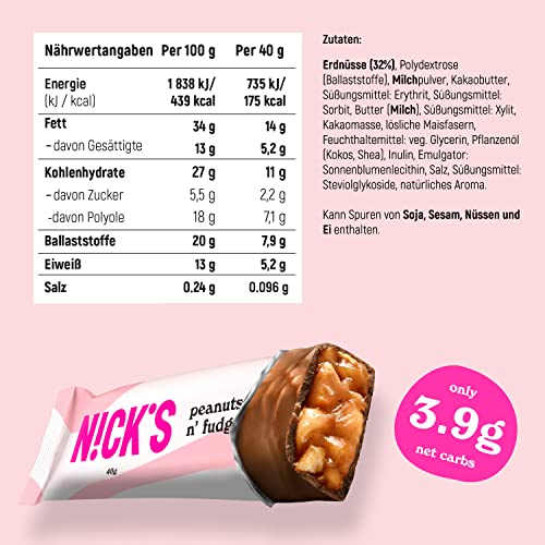 Nicks keto barer peanøtter n fudge, sjokolade peanøtter karamell snacks, 175 kalorier, 3,9 netto karbohydrater, ingen tilsatt sukker, glutenfri, lavkarbohydrater (15x40g)