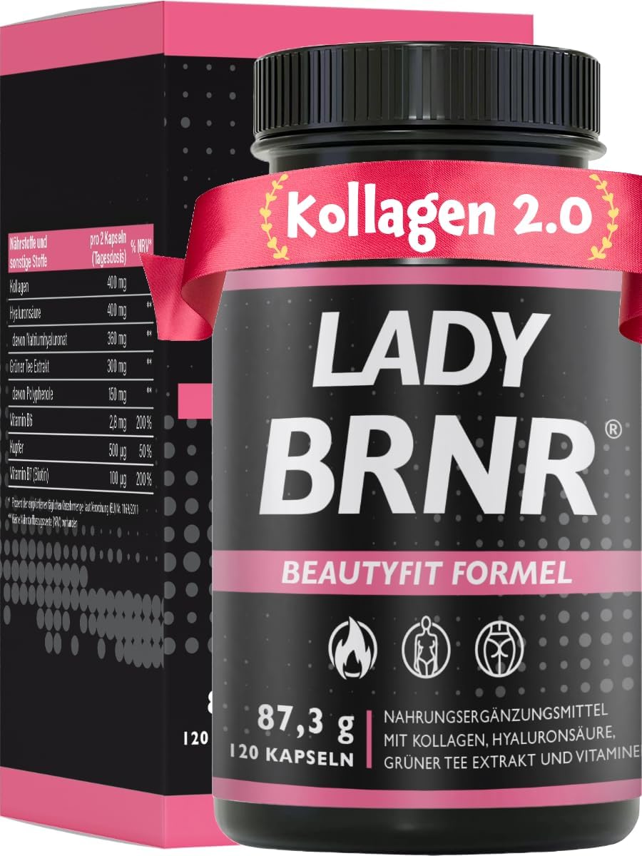 BRNR LADY BRNR – BeautyFit Stoffwechselformel mit Vitamin B6, Bindegewebe mit Kupfer, Kollagen, hochdosierte Hyaluronsäure, Biotin, 120 Kapseln