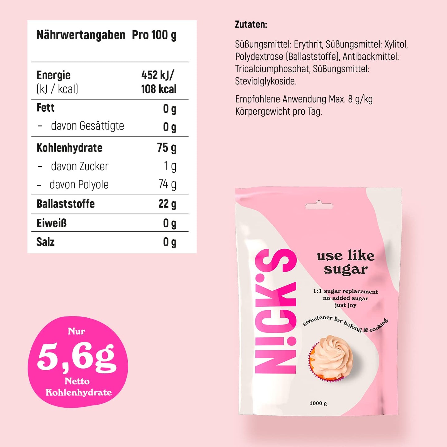 Nicks verwenden wie Zucker, kalorienarmes Zuckerersatz, perfekter Kohlenhydrat-Süßstoffmischung aus Xylit, Erythrit, Stevia und Polydextrose | Keto | Vegan (1 kg)