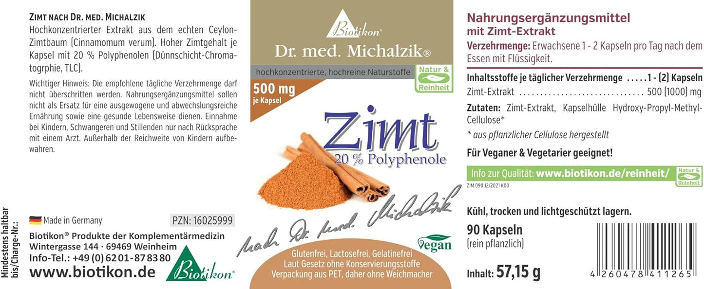 Ceylon Cinnamon Dr. Med. Michalzik - per kapsel [500 mg] Cinnamon + [20%] Polyfenoler - Finest Extract fra det virkelige Ceylon Cinnamon Tree - uten tilsetningsstoffer - fra Biotikon®