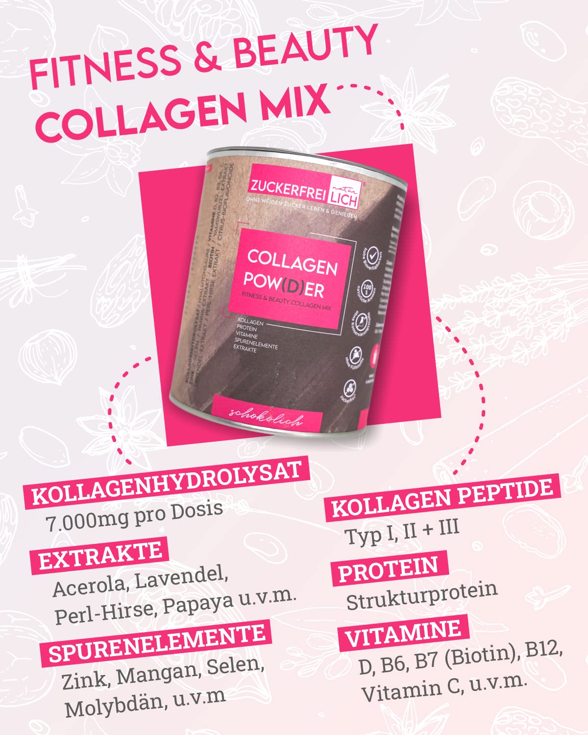 Zuckerfreilich Collagen Pulver Kokos 240G Ohne Zucker, Kollagen Mit Vitaminen, Zuckerfreies Protein und Spurenelementen, Hochdosiert MIT 7.000 mg Kollagenhydrolysat Pro Portion