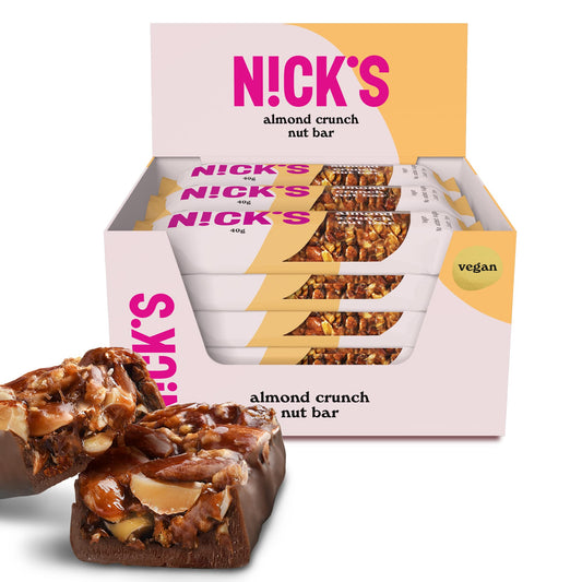 Nicks Keto Bar Crunch de migdale, ciocolată vegană pentru migdale de migdale, 173 de calorii, 2,8 carbohidrați net, fără zahăr adăugat, fără gluten, dulciuri cu carbohidrați mici (12x40g)