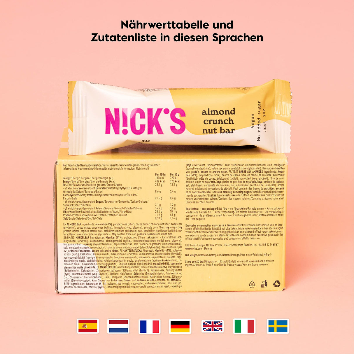 Nicks Keto Bar Crunch de migdale, ciocolată vegană pentru migdale de migdale, 173 de calorii, 2,8 carbohidrați net, fără zahăr adăugat, fără gluten, dulciuri cu carbohidrați mici (12x40g)