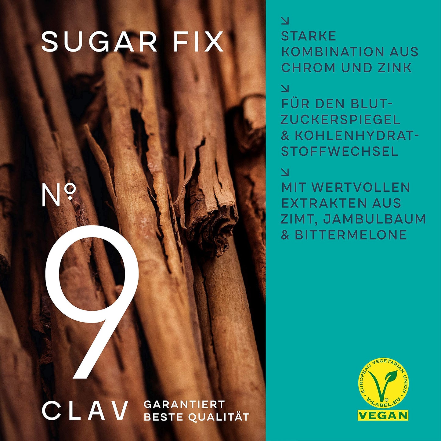 CLAV® N°9 SUGAR FIX - Capsule de scorțișoară cu 400 mg extract de scorțișoară, 40 μg crom și 10 mg zinc pe doză zilnică plus beta glucan, arbore de jambul și pepene amar - echilibru zahăr din sânge - 60 capsule - vegan