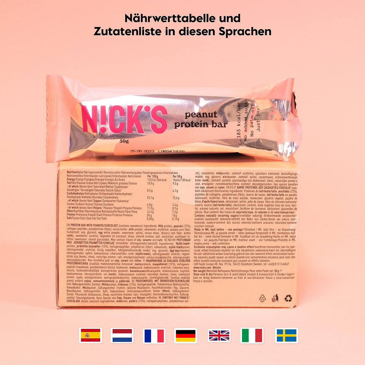 Nicks Protein Barmischung, Keto -Proteinbalken mit niedrigen Kohlenhydraten ohne Zucker zu Zucker, glutenfrei | 15G -Protein mit Kollagen (9 Proteinbalken x 50 g)